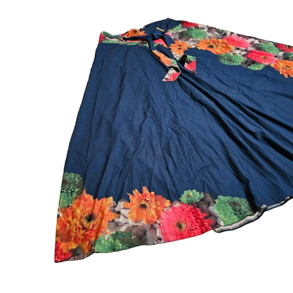 FEVROJ Flare Midi Skirt Floral Print Blue Flowy Tie Belt Women's  Large - Picture 4 of 16